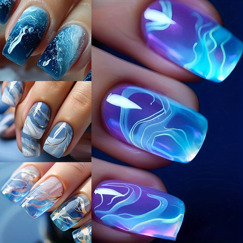 96PCS (4 PACK) Short Press on Nails Square False Nails Medium Length Acrylic Nails Gold Lines Fake Nails Glitter Ombre Glue on Nails Blue to Transparent Gradient Stick on Nails Full Cover Nails for Women
